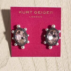 Kurt Geiger London Earrings Pink Oval Crystal & Faux Pearl Stud NEW